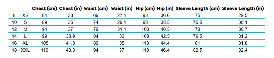 2025 Musto Womens Jackets and Tops 0 Size Chart
